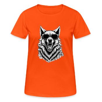 lachender Wolf mit Sonnenbrille - Frauen T-Shirt atmungsaktiv - Neonorange - Vorne - AI Model Female 172 dark (172cm)