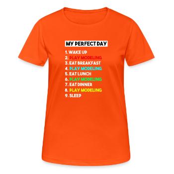 My Perfect Day Scale Modeling Routine Slogan - Women's Breathable T-Shirt - neon orange - Front - AI Model Female 172 dark (172cm)