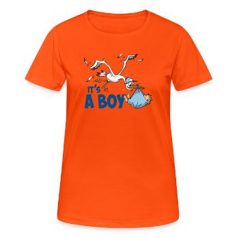 Storch mit dem kleinen Jungen; "Es ist ein Junge" - Frauen T-Shirt atmungsaktiv - Neonorange - Vorne - AI Model Female 172 dark (172cm)