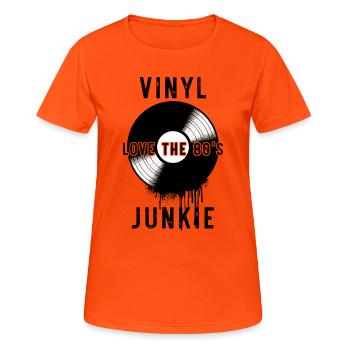 Vinyl Junkie Love The 80s Retro Record Player Art - Frauen T-Shirt atmungsaktiv - Neonorange - Vorne - AI Model Female 172 dark (172cm)
