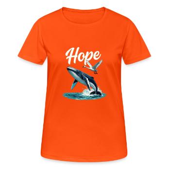 Espoir : Baleine et Saut du cygne, Espoir - T-shirt respirant Femme - orange néon - Devant - AI Model Female 172 dark (172cm)