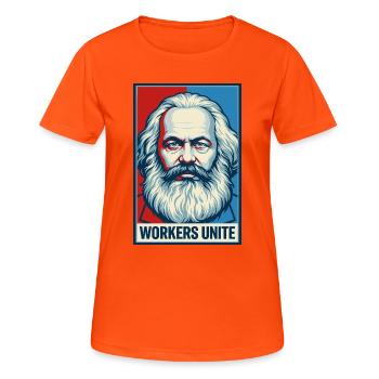 Marx-Porträt: Workers Unite-Plakat - Frauen T-Shirt atmungsaktiv - Neonorange - Vorne - AI Model Female 172 dark (172cm)