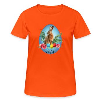 Hase, Ostereier und Kirschblüten Abbildung - Frauen T-Shirt atmungsaktiv - Neonorange - Vorne - AI Model Female 172 dark (172cm)