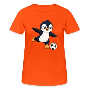 Süßer Pinguin Fußballspieler Cartoon Torschuss - Frauen T-Shirt atmungsaktiv - Neonorange - Vorne - AI Model Female 172 dark (172cm)