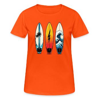 Trois planches de surf : vagues et palmiers - T-shirt respirant Femme - orange néon - Devant - AI Model Female 172 dark (172cm)