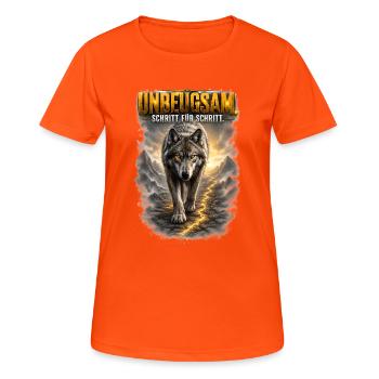 Unbeugsam - Schritt für Schritt/Wolf Motiv - Frauen T-Shirt atmungsaktiv - Neonorange - Vorne - AI Model Female 172 dark (172cm)