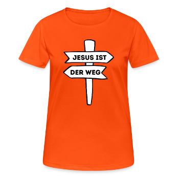 Jesus ist der Weg – Christliches Design - Frauen T-Shirt atmungsaktiv - Neonorange - Vorne - AI Model Female 172 dark (172cm)