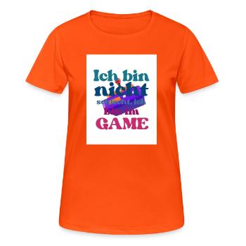 Ich bin im GAME – bunter Spruch - Frauen T-Shirt atmungsaktiv - Neonorange - Vorne - AI Model Female 172 dark (172cm)
