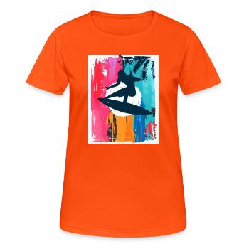Surf-Silhouette im tropischen Sonnenuntergang - Frauen T-Shirt atmungsaktiv - Neonorange - Vorne - AI Model Female 172 dark (172cm)