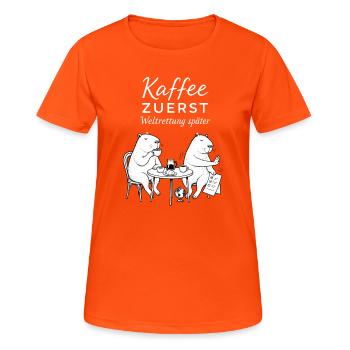 Kaffee zuerst Bärenhumor - Frauen T-Shirt atmungsaktiv - Neonorange - Vorne - AI Model Female 172 dark (172cm)