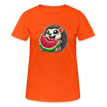 Niedlicher Igel Isst Wassermelone Sommer Fruchtig  - Frauen T-Shirt atmungsaktiv - Neonorange - Vorne - AI Model Female 172 dark (172cm)
