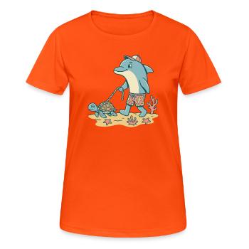 Delfin geht Gassi mit Schildkröte - Frauen T-Shirt atmungsaktiv - Neonorange - Vorne - AI Model Female 172 dark (172cm)