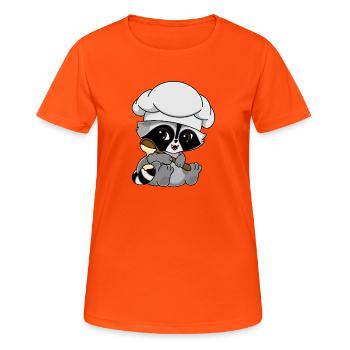 Snuggles der Waschbär als Bäcker - Frauen T-Shirt atmungsaktiv - Neonorange - Vorne - AI Model Female 172 dark (172cm)