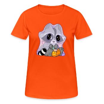 Snuggles der Waschbär im Geisterkostüm - Frauen T-Shirt atmungsaktiv - Neonorange - Vorne - AI Model Female 172 dark (172cm)