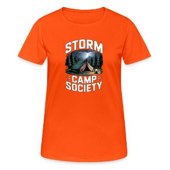Storm Camp Society Camping - Frauen T-Shirt atmungsaktiv - Neonorange - Vorne - AI Model Female 172 dark (172cm)
