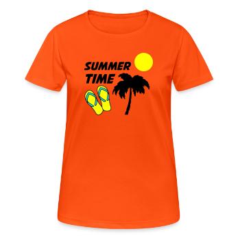 Beach flip-flops in the sunlight - Women's Breathable T-Shirt - neon orange - Front - AI Model Female 172 dark (172cm)