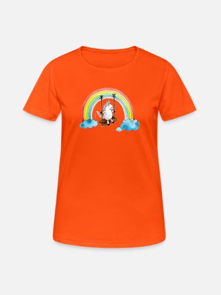 Einhorn Schaukel Regenbogen - Frauen T-Shirt atmungsaktiv - Neonorange