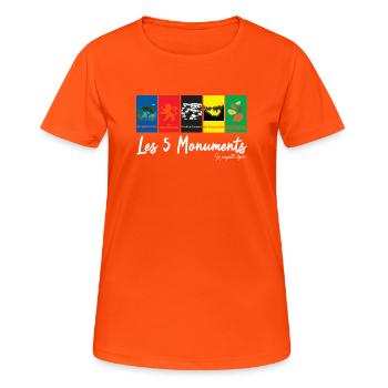 Die 5 Monumente - Radrennen - Frauen T-Shirt atmungsaktiv - Neonorange - Vorne - AI Model Female 172 dark (172cm)