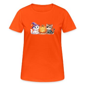 Süße Halloween Katzen mit Kürbis – Smilla & Fiete - Frauen T-Shirt atmungsaktiv - Neonorange - Vorne - AI Model Female 172 dark (172cm)