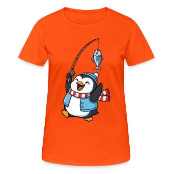 Süßer Pinguin Cartoon Angler Fischerei Angeln - Frauen T-Shirt atmungsaktiv - Neonorange - Vorne - AI Model Female 172 dark (172cm)