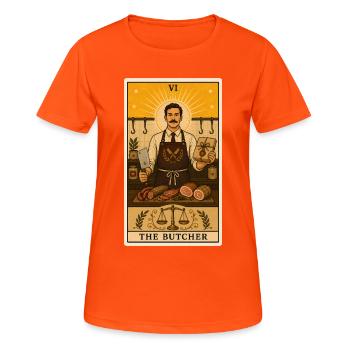 Boucher | Tarot de l’artisanat de la boucherie - T-shirt respirant Femme - orange néon - Devant - AI Model Female 172 dark (172cm)