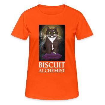 Biscuit Alchemist - Tuxedo Cat Kneading Reality  - Women's Breathable T-Shirt - neon orange - Front - AI Model Female 172 dark (172cm)