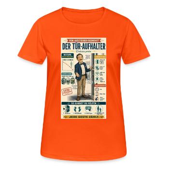 Der Tür-Aufhalter – jede Geste zählt - Frauen T-Shirt atmungsaktiv - Neonorange - Vorne - AI Model Female 172 dark (172cm)