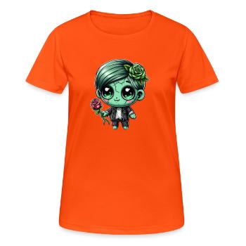 Kuscheliger Zombie mit Rose - Frauen T-Shirt atmungsaktiv - Neonorange - Vorne - AI Model Female 172 dark (172cm)