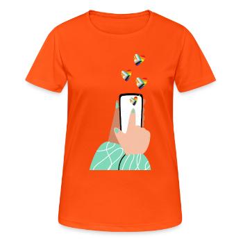 Cœurs de fierté sur le smartphone - T-shirt respirant Femme - orange néon - Devant - AI Model Female 172 dark (172cm)
