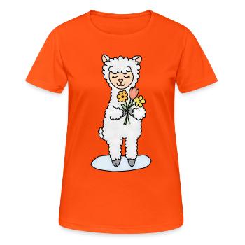Alpaka mit Blumenstrauß - Frauen T-Shirt atmungsaktiv - Neonorange - Vorne - AI Model Female 172 dark (172cm)
