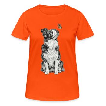 Border Collie avec dessin croquis papillon - T-shirt respirant Femme - orange néon - Devant - AI Model Female 172 dark (172cm)