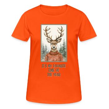 Lustiges Rentier im Weihnachtspullover - Frauen T-Shirt atmungsaktiv - Neonorange - Vorne - AI Model Female 172 dark (172cm)
