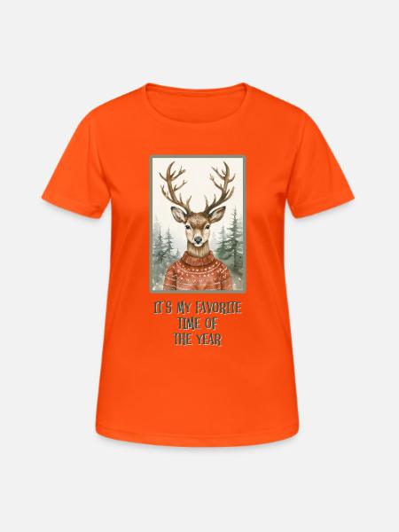 Lustiges Rentier im Weihnachtspullover - Frauen T-Shirt atmungsaktiv - Neonorange