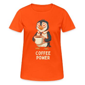 Kaffee-Pinguin im Bürolook - Frauen T-Shirt atmungsaktiv - Neonorange - Vorne - AI Model Female 172 dark (172cm)