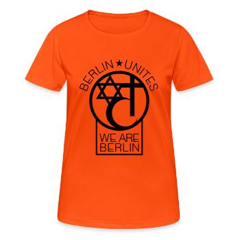 Berlin Unites - Berlin Verbindet! Berlin liebt! - Frauen T-Shirt atmungsaktiv - Neonorange - Vorne - AI Model Female 172 dark (172cm)