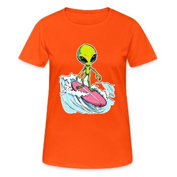 Alien is surfing the Ocean Waves 1 - Frauen T-Shirt atmungsaktiv - Neonorange - Vorne - AI Model Female 172 dark (172cm)
