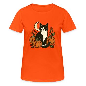 Mondschein-Kürbiskatzen-Szene - Frauen T-Shirt atmungsaktiv - Neonorange - Vorne - AI Model Female 172 dark (172cm)