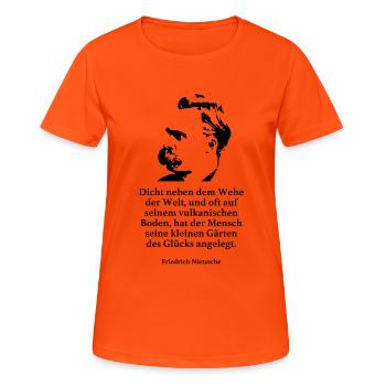 Nietzsche: Fermer à côté du malheur du monde, et souvent - T-shirt respirant Femme - orange néon - Devant - AI Model Female 172 dark (172cm)