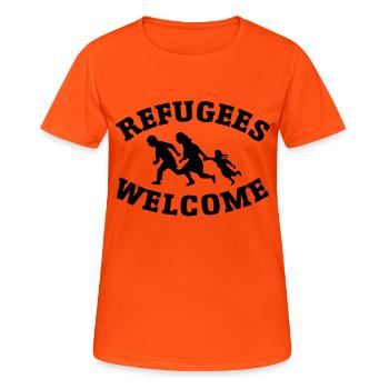 Refugees Welcome - Frauen T-Shirt atmungsaktiv - Neonorange - Vorne - AI Model Female 172 dark (172cm)