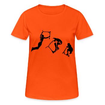 Stunt Scooter in Action Kickflip Freerider - Frauen T-Shirt atmungsaktiv - Neonorange - Vorne - AI Model Female 172 dark (172cm)