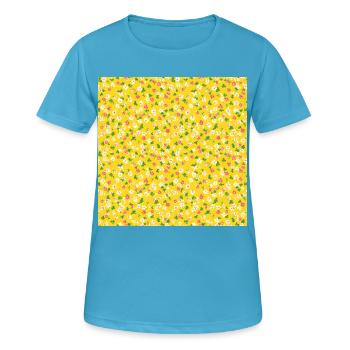 Motif jaune floral des années 60 - T-shirt respirant Femme - bleu saphir - Devant - AI Model Female 172 dark (172cm)