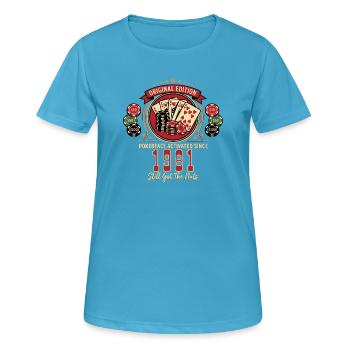 Poker T-Shirt 1981 Geburtstag, Poker Legende Shirt - Frauen T-Shirt atmungsaktiv - Saphirblau - Vorne - AI Model Female 172 dark (172cm)