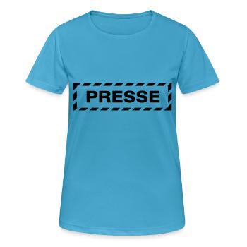 Presse Schild Rückenschild Warnbalken - Frauen T-Shirt atmungsaktiv - Saphirblau - Vorne - AI Model Female 172 dark (172cm)