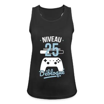 Anniversaire 25 ans - Niveau 25 débloqué - Gamer - Débardeur respirant Femme - noir - Devant - Zoe (177cm)