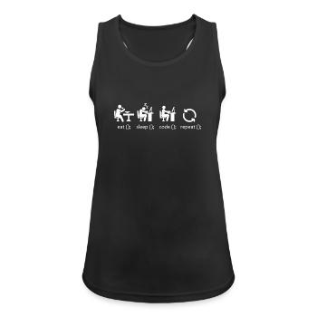 Essen, schlafen, Code wiederholen – lustiger Softwareentwickler - Frauen Tank Top atmungsaktiv - Schwarz - Vorne - Zoe (177cm)