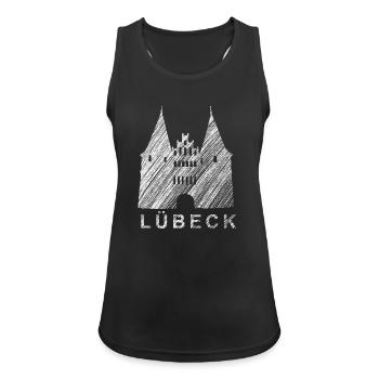 Lübeck Holstentor – Urban Sketch Design - Frauen Tank Top atmungsaktiv - Schwarz - Vorne - Zoe (177cm)