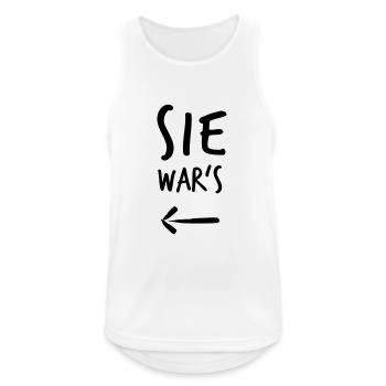 Sie war's! // Pfeil links <-- - Männer Tank Top atmungsaktiv - Weiß - Vorne - Nick (188cm)