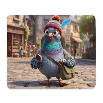 Pigeon voyageur en bonnet explorant une ville européenne - Tapis de souris (format paysage) - blanc - Devant