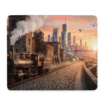 Voyage dans le temps : train à vapeur rétro et ville futuriste - Tapis de souris (format paysage) - blanc - Devant