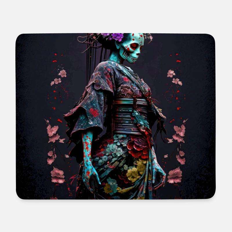 Geisha Dia muerta Floral Ebony – Geisha Zombie - Mousepad (Querformat) - Weiß